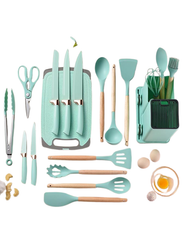 19-Piece Lime Green Silicone Kitchen Utensil Set – Heat Resistant, Non-Stick Cooking Tools with Wooden Handles (BPA-Free)