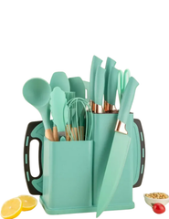 19-Piece Non-Stick Silicone Kitchenware & Cutlery Set with Cutting Board & Holder – Heat Resistant Utensils with Wooden Handles