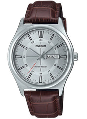 Casio Silver Dial Silver Case Brown Leather Strap Analog Men's Watch.